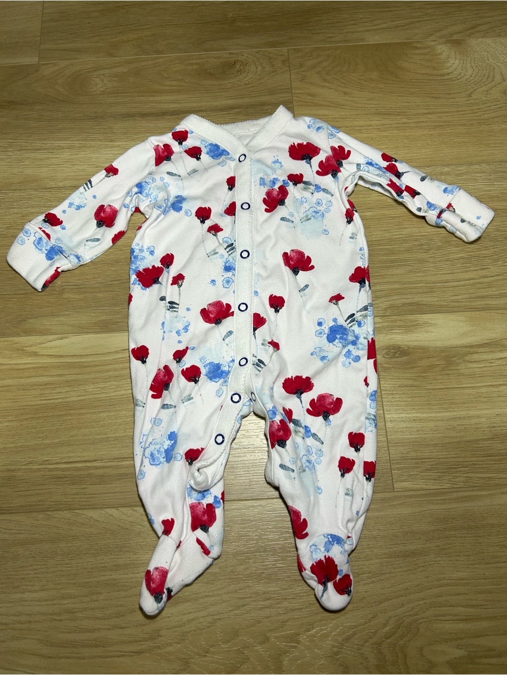 Floral Footed One-Piece Pajamas - White with Red & Blue Flowers